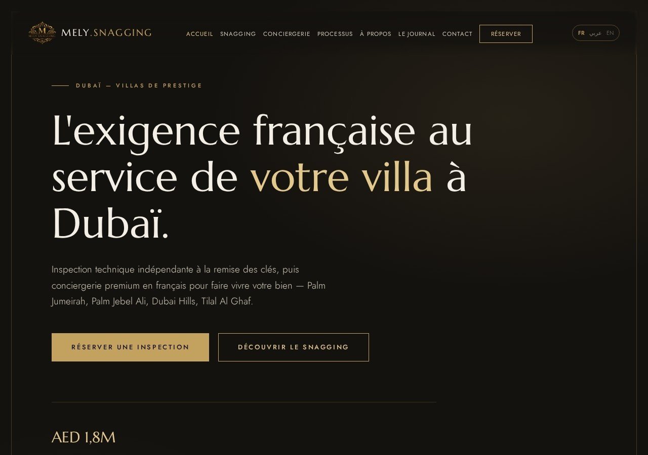 Page d'accueil du site melysnagging.com, cabinet d'inspection de villas de luxe à Dubaï